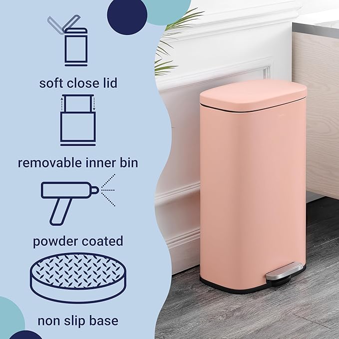 happimess HPM1011F Curtis 8-Gallon Step-Open Trash Can, Fingerprint Resistant, Modern, Minimalistic for Home, Kitchen, Laundry Room, Office, Bedroom, Bathroom, Flamingo Pink