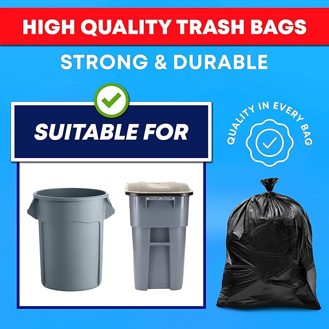Tasker 44-45 Gallon Trash Bags Heavy Duty, (Value 100 Bags w/Ties) Extra Large Black Trash Bags - 39 Gallon - 40 Gallon - 42 Gallon - 45 Gallon - Large Black Garbage Bags Heavy Duty
