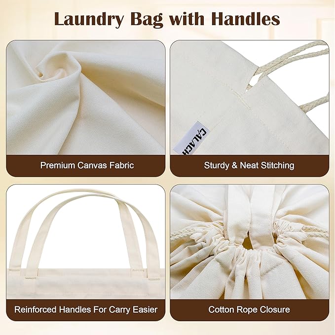Canvas Laundry Bags with Handles & Square Base13.8"x 13.8", Large Heavy Duty Laundry Basket Hamper Liner, College Dorm Washable Drawstring Cotton Dirty Clothes Bag (Beige,2 Pack)