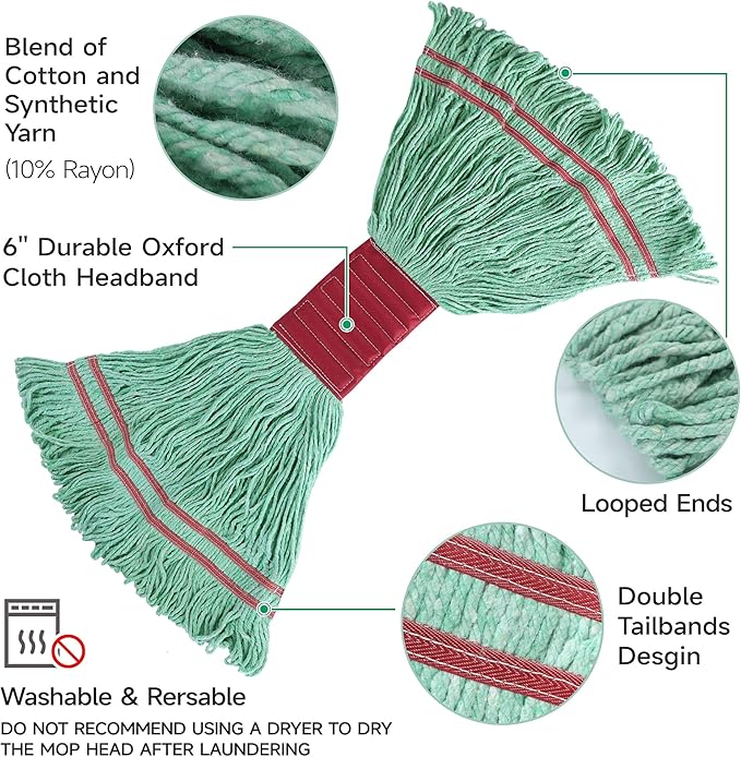 ONESIMUS 30 oz Pack of 12 Cleaning Heavy Duty Industrial Commercial Grade Looped-End Mop Head Replacement,6'' Headband Cotton String Wet Mop Head Refills,Machine Washable Green Mop