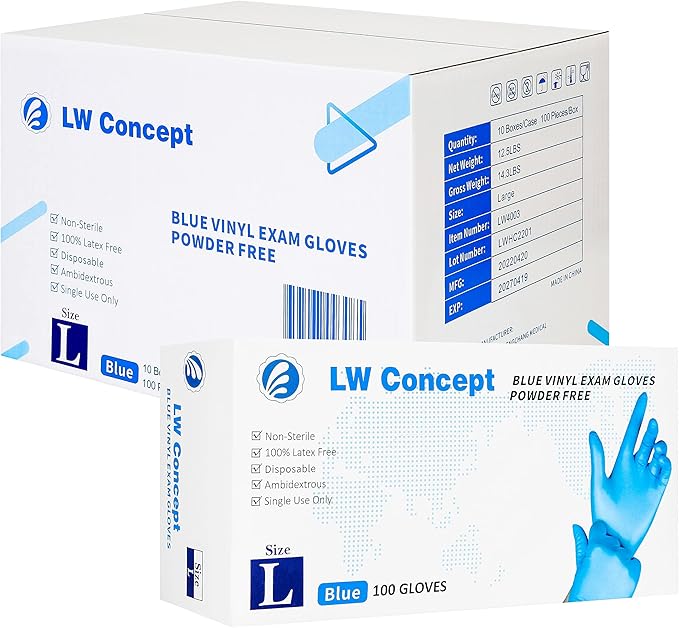 LW Concept Blue Vinyl Exam Gloves for Medical/Food Safe/Cleaning/Handling Use Multipurpose Latex & Powder Free, 4.5 mil (LW4003, Large)