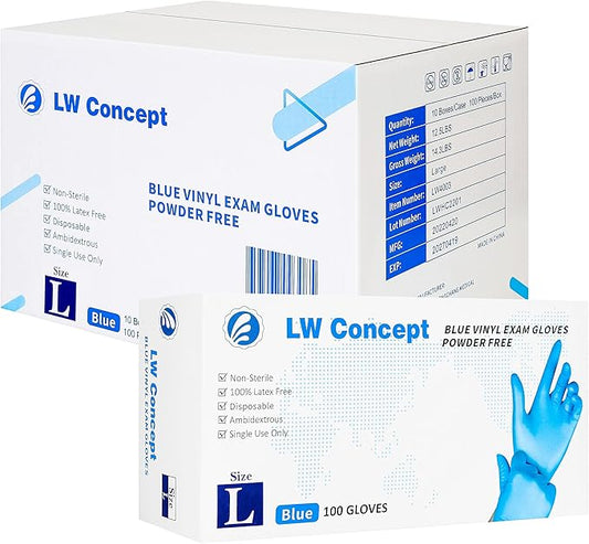 LW Concept Blue Vinyl Exam Gloves for Medical/Food Safe/Cleaning/Handling Use Multipurpose Latex & Powder Free, 4.5 mil (LW4003, Large)