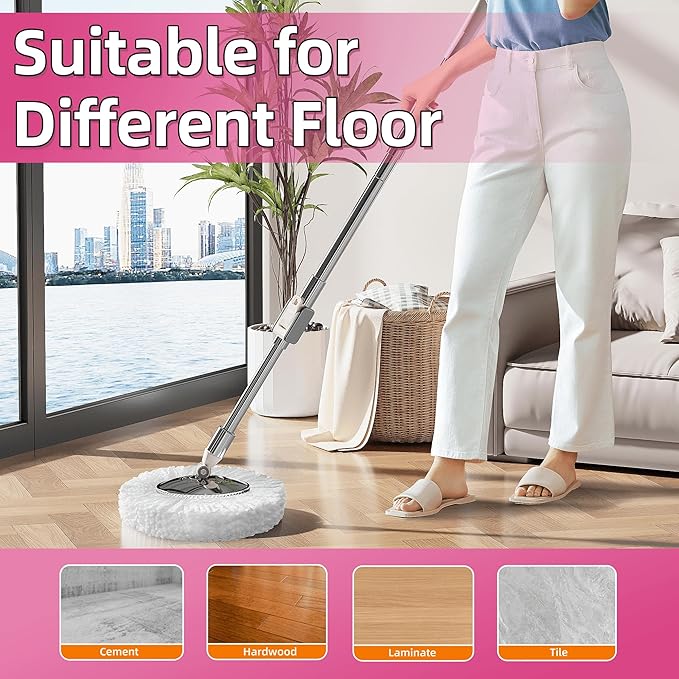 Spin Mop and Bucket with Wringer Set for Home,360° Mop and Bucket with Separate Clean and Dirty Water,Wet Dust Mop for Floor Cleaning with Extra Refills (Pink)