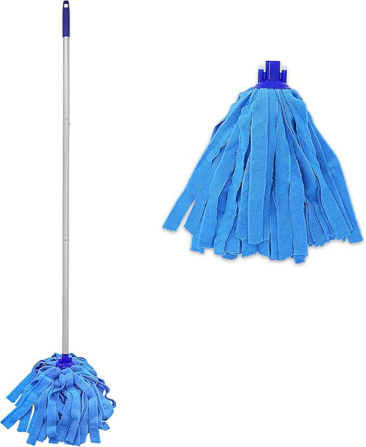 Mop, One Pole with Two Blue Microfiber Cloth Heads (1 Handle & 2 Mop Heads)
