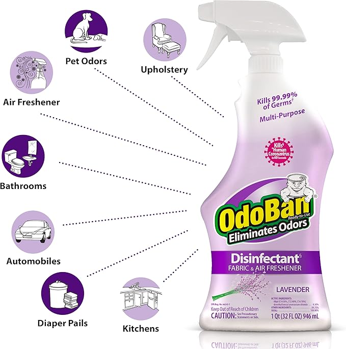 OdoBan Ready-to-Use Disinfectant and Odor Eliminator, Set of 3 Spray Bottles, 32 Ounces Each, Lavender Scent