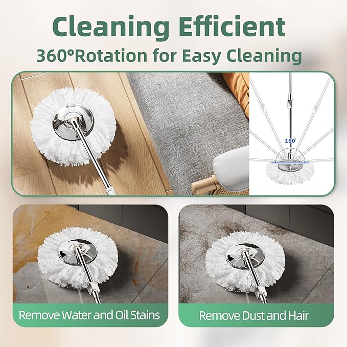 Spin Mop and Bucket with Wringer Set for Home,360° Mop and Bucket with Separate Clean and Dirty Water,Wet Dust Mop for Floor Cleaning with Extra Refills (Green)