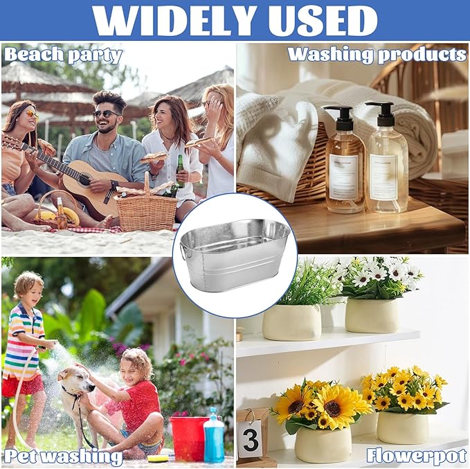2 PCS Galvanized Bucket 4 Gallon Ice Buckets for Parties with Carry Handles Stainless Steel Beverage Tub for Parties 4 Gallon Galvanized Tub with Handles Drink Buckets for Parties Supplies