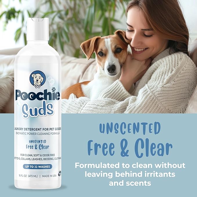 Poochie Suds Pet Laundry Detergent, Enzyme Cleaner and Odor Remover, Hypoallergenic and Fragrance-Free Pet Safe Detergent for Dog and Cat Bedding, Blankets, Toys and Gear, Made in USA, 16 fl oz