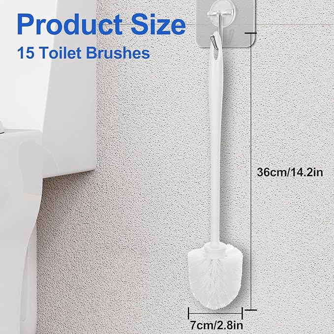15 Pack 14.2 Inch Toilet Brush Commercial Heavy Duty Toilet Bowl Cleaning Scrubber White Long Handle Toilet Bowl Brush for Home Restrooms Bathroom Cleaning Supplies