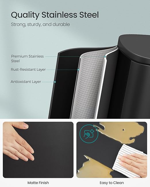 SONGMICS 13 Gallon (50 L) Trash Can, Stainless Steel Kitchen Garbage Can, Recycling or Waste Bin, Soft Close, Step-On Pedal, Removable Inner Bucket, Black ULTB050B01