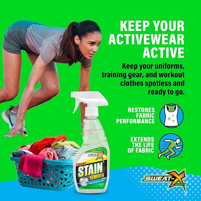 Sweat X Extreme Stain Remover – Multi-Purpose Nontoxic Stain Spray – Advanced Stain Removal for Sport and Activewear – Safe for All Fabrics – Tested Formula with Proven Results – 16 Fl Oz