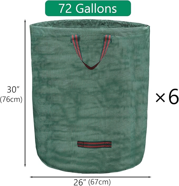 6 Pack 72 Gallons Reusable Garden Waste Bags with Coated Gloves, Heavy Duty Leaf Bags 4 Handles Lawn Yard Bags for Loading Leaf,Trash,Yard Waste Bags (H30" X D26")