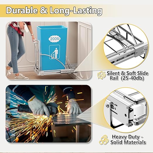 Under Sink Trash Can 7-13Gal 50Qt Pull Out Trash Bin Under Cabinet Trash Can Pull Out Kit ≥13" Wx17 Hx17 D, Sliding Garbage Can Under Counter, No Can Include (Silver)
