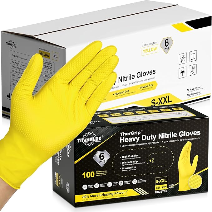 TitanFlex Heavy Duty Nitrile Gloves, 6 Mil Yellow Raised Diamond Texture, Mechanic Disposable Gloves, Latex Free