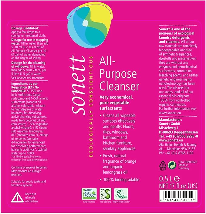Sonett Organic Universal All Purpose Cleaner Cleans all wipeable surfaces effectively and gently: Floors, tiles, windows, bathroom and kitchen furniture, sanitary appliances (17 fl.oz/ 0.5L)