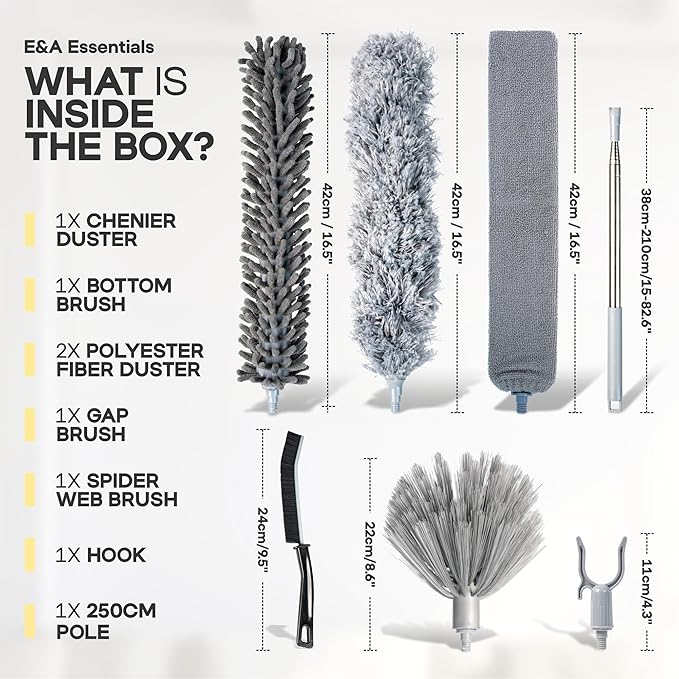 Microfiber Extendable Duster with Extension Pole Upto 100 Inch, 8 PCS Washable, Bendable, Reusable Long Handle Feather Dusters kit for Cleaning Ceiling Fan, High Ceilings, Blinds, Furniture & Cars