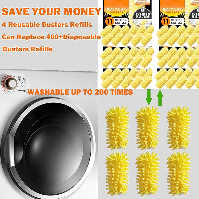 Reusable Duster for Swiffer, 4 Refills +1 Handle, 360 Heavy Duty Duster Refill Compatible with Swiffer Hand Dusters, for Dusting Furniture, Blinds, Ceiling Fans, Walls and More, Yellow