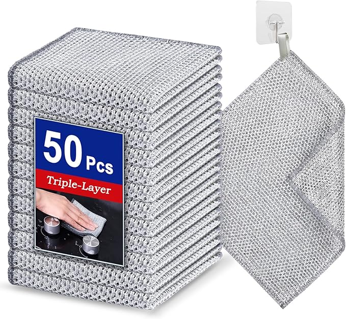 50 PCS 3-Layer Non-Scratch Multipurpose Steel Wire Dishcloths - Reusable Quick-Dry Odor-Free Scrub Cloths for Dishes, Kitchen Cleaning Cloths for Cookware, Sinks, Stove Tops(7.87X7.87)