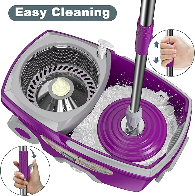 Dual Compartment Spin Mop and Bucket, Mop and Bucket with Wringer Set,360°Rotating Spinning Mopping for Floor Cleaning with 3 Microfiber Replacement Heads, 61" Extended Handle, 2X Wheel