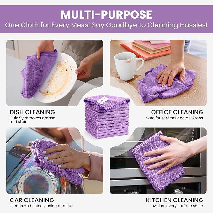Microfiber Cleaning Cloth, 12 Pack Purple Cleaning Rags for Housekeeping, Reusable Microfiber Towels for Car, Kitchen, Bathroom and Household Cleaning Supplies, 11.8"X11.8"