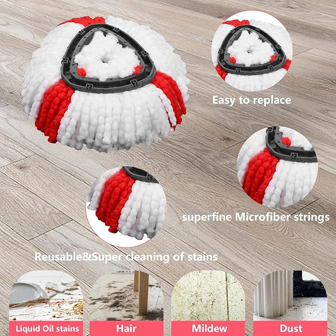 Mop Heads Replacements Complete Combo for O-Ceda,4 Pcs Red Machine Washable Microfiber Spin Mop Refills Replace Heads,1 Scrub Brushs,1 Base,1 Set Handle,Spin Mop Replacements for Tub and Tile Cleaning