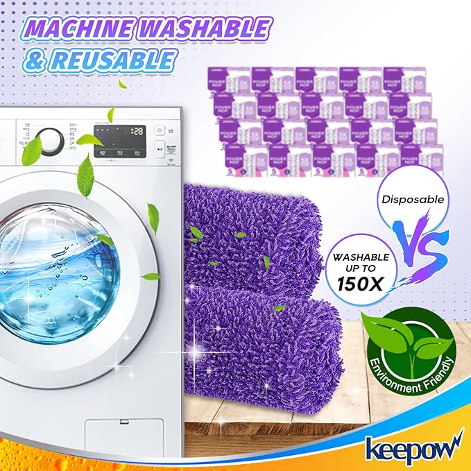KEEPOW Reusable Mop Pads Compatible with Swiffer Power Mop Microfiber Mop Refills Replacement Wood Floor Pads Washable for All Floor Surfaces Cleaning, 4 Pack