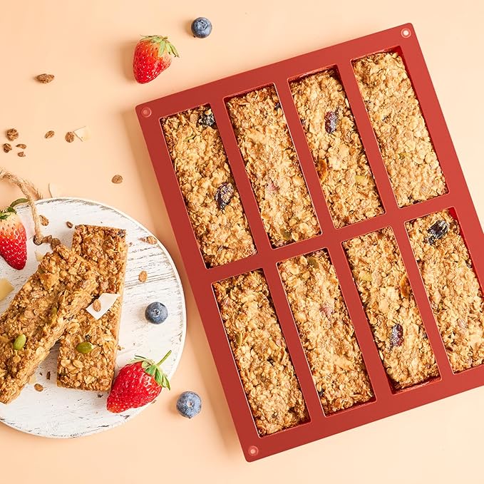 2 Pack Silicone Granola Bar Molds, 8 Cavity Rectangle Protein Bar Mold Silicone Baking Molds for Butter/Chocolate/Candy/Cereal/Energy Bars