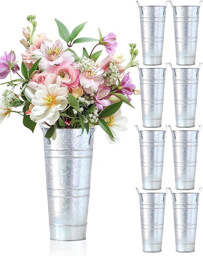 10 Inch Galvanized Flower Buckets - 8 PCS Galvanized Metal Vases for Flowers Tin Flower Holders for Home Decor Wedding Centerpieces Indoor Outdoor Use