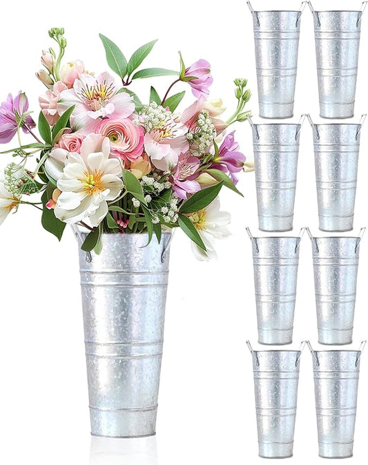 10 Inch Galvanized Flower Buckets - 8 PCS Galvanized Metal Vases for Flowers Tin Flower Holders for Home Decor Wedding Centerpieces Indoor Outdoor Use
