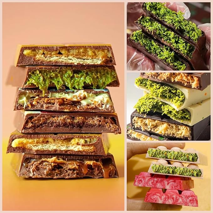 Chocolate Bar Mold, 2 Pack Deep Silicone Molds, Non-Stick Chocolate Molds for Stuffed Pistachio Knafeh Bars, Energy Protein, Homemade Candy Snacks, 6 in 1 Style Chocolate Bar Mold