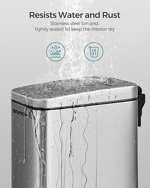SONGMICS Bathroom Trash Can, 1.3 Gallon (5 L) Small Trash Bin with Lid, Slim for Small Spaces, Stainless Steel Garbage Can, Soft Close, Silver ULTB560E05