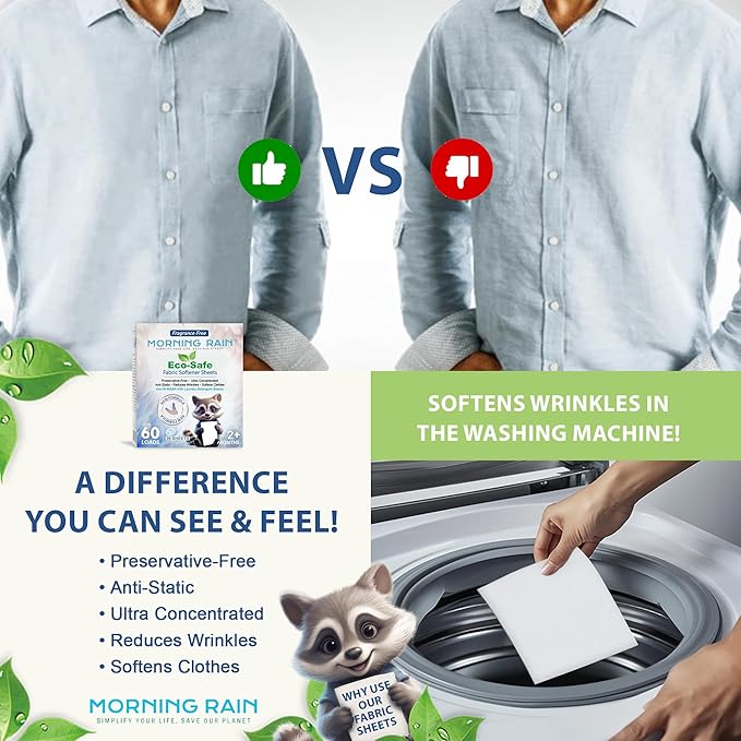 MorningRain Eco Fabric Softener Sheets for Washing Machine - Fragrance-Free, Preservative-Free, Ultra-Concentrated - 5 Sheets for Up to 10 Loads, Anti-Static, Reduces Wrinkles, Softens Clothes