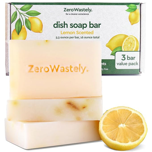 ZeroWastely Natural Dish Soap Bar - Value Pack of 3 Solid Soap Block 16oz - Lemon Scented, Long Lasting, Skin Friendly - Sustainably Made from 100% Organic Ingredients - Plastic Free Dish Soap