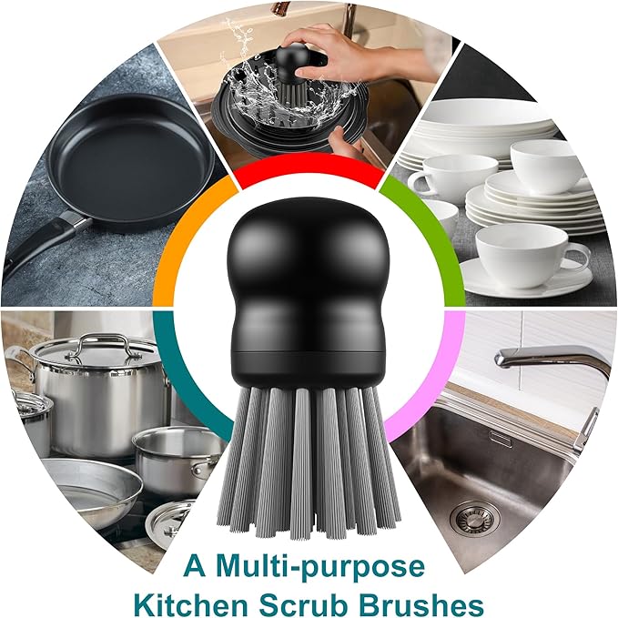 Mini Dish Brush for Cleaning Chicken Shredder, Palm Brush Dish Scrubber with Ergonomic Grip, Kitchen Brush for Washing Dishes, Pans, Pots, Sink, 1 Pack (Black)