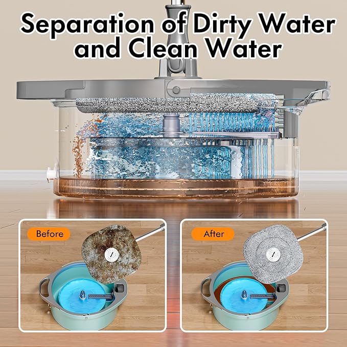 Spin Mop and Bucket with Separate Dirty and Clean Water,360° Spin Mop and Bucket System with Widening Foldable Handle,4 Replaceable Mop Pads,Square Mop for Floor Hardwood Tile Marble Wall Cleaning