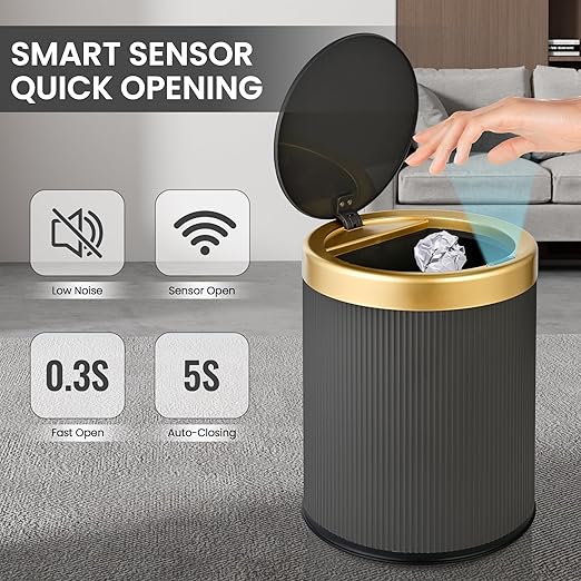 Pukomc Bathroom Trash Can with Lid，3.5 Gallon Motion Sensor Waterproof Touchless Garbage Can, Smart Plastic Trash Bins Suitable for Kitchen, Bathroom, Bedroom, Living Room, Office Grey