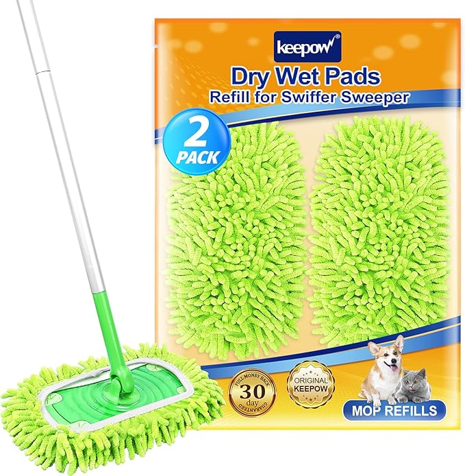 KEEPOW Reusable Microfiber Mop Pads Compatible with Swiffer Sweeper & Mop Deluxe 2-in-1, Wet & Dry Mopping Cloths for All Floors, Compatible with Swiffer Dry Sweeping Cloths for Cleaning (2 Pack)