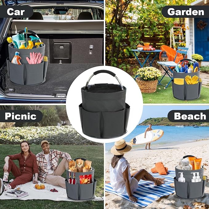 Cleaning Caddy with Handle, Cleaning Products Organiser, 17L Foldable Storage Basket, Cleaning Caddy Organiser, Portable Multi Cleaning Bucket Bag for Home, Garden (Black)