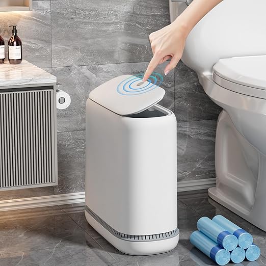 Spreezy Bathroom Trash Can with Lid, 2.3 Gallons / 8.6 L Small Waste Basket, Pneumatic Adhesion Style Garbage Can for Kitchen, Bedroom, Living Room, Office, Trash Bin Includes 5 Rolls of Trash Bags