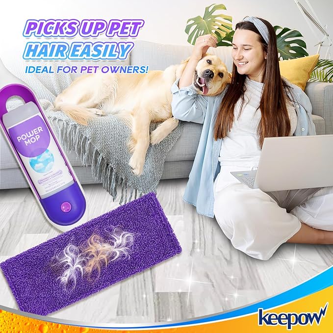 KEEPOW Reusable Mop Pads Compatible with Swiffer Power Mop Microfiber Mop Refills Replacement Wood Floor Pads Washable for All Floor Surfaces Cleaning, 4 Pack