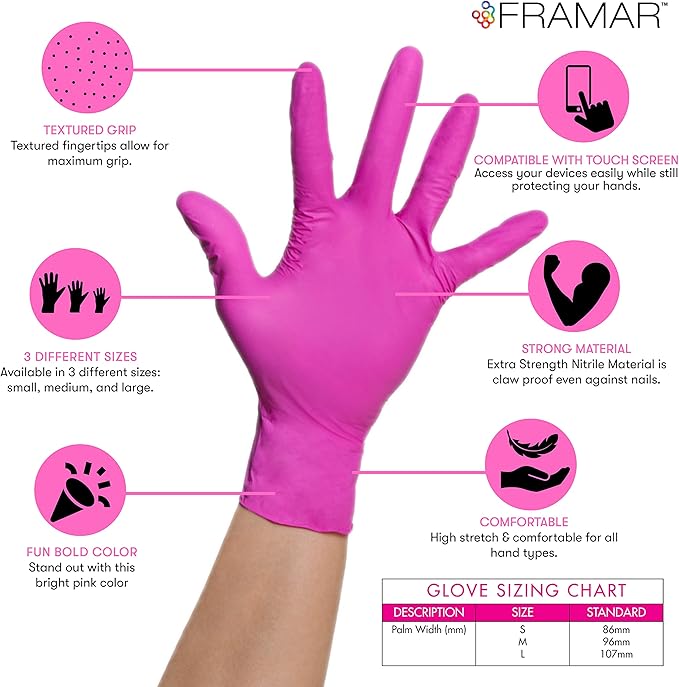 FRAMAR Pink Gloves Disposable Latex Free Large – Nitrile Gloves Large, Non Latex, Powder Free, Guantes De Nitrilo, For Hair Dye, Salon, Cleaning, Tattoo, Food Prep, Extra Durable – 100 Pack