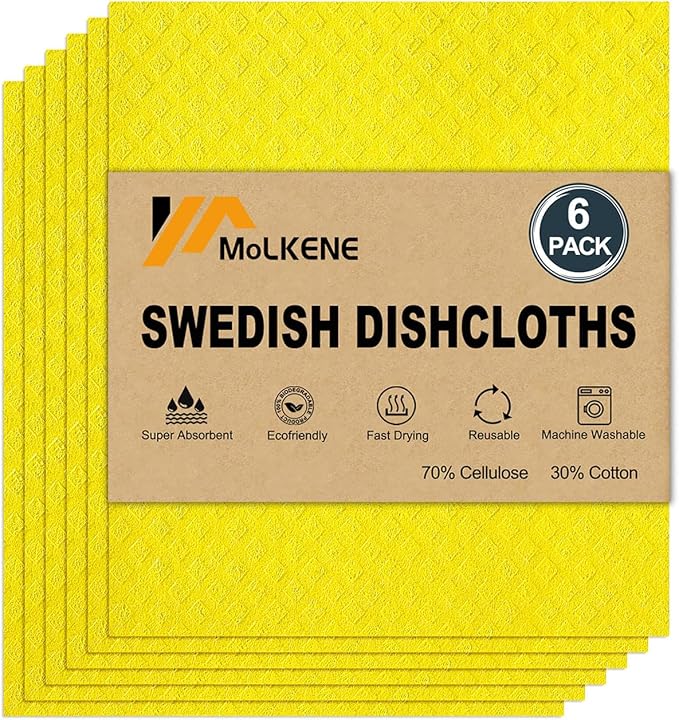 Swedish Dishcloths for Kitchen | 6 Pack Absorbent Cellulose Sponge Cloths Washable | Non-Scratch Reusable Paper Towels Quick Drying Cleaning Cloths - Yellow