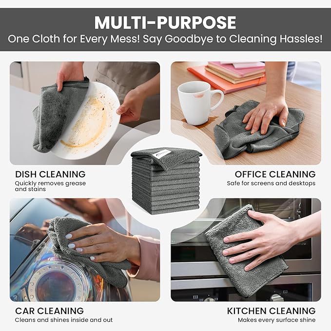 Microfiber Cleaning Cloth, 12 Pack Grey Cleaning Rags for Housekeeping, Reusable Microfiber Towels for Car, Kitchen, Bathroom and Household Cleaning Supplies, 11.8"X11.8"