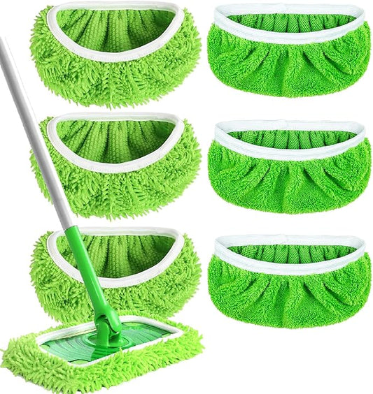 Reusable Microfiber Mop Pads Washable Wet Pads Compatible with Swiffer Sweeper Refills Pads for Wet & Dry Sweeping Cloths Mop Head Replacement for Household Cleaning (Green 6PCS)