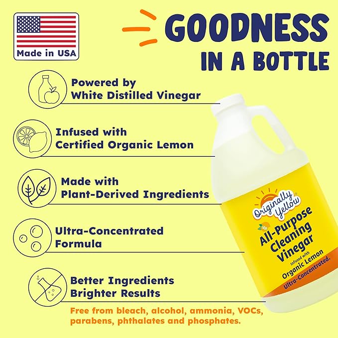 Originally Yellow Lemon Vinegar For Cleaning Purpose | USA Made All Purpose Cleaner | Use as a Floor, Glass, Kitchen, & Bathroom Cleaner | Plant Derived Vinegar Half Gallon | 64 Oz