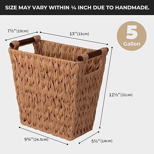 GRANNY SAYS Bathroom Wastebasket, Caramel Orange Woven Trash Can with Handles, Waterproof Wicker Waste Basket for Office, 1-Pack, 13" x 7 ½" x 12 ½"