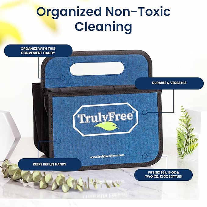 Truly Free Cleaning Caddy - Durable Organizer w/Handle for Cleaning Supplies, Storage for Kitchen & Bathroom Essentials, Multiple Compartments - Fits 6 Spray Bottles, 2 Squirt Bottles, Refill Pouches
