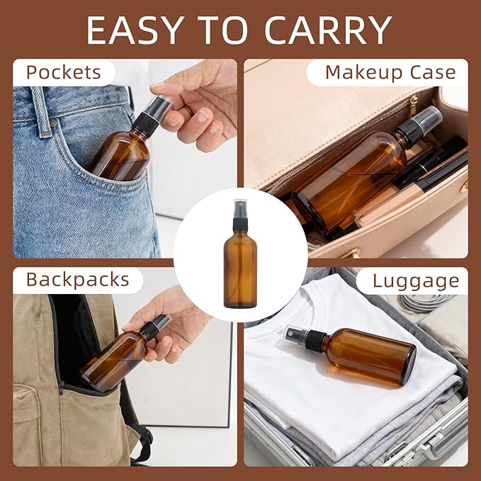 Body Oil Spray Bottle,4 Pack Amber Glass Fine Mist Spray Bottle For Body Oil,100ML(3OZ)