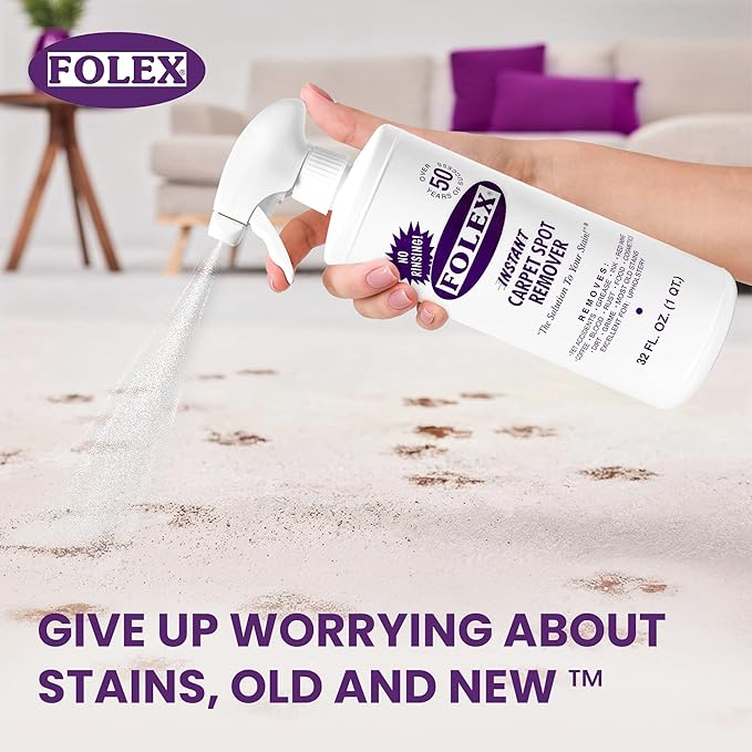 FOLEX Instant Carpet Spot Remover 128 oz - Powerful Stain Remover for Carpets, Upholstery & Rugs - Eliminates Pet Stains, Grease, Red Wine, Food, Makeup & More - With Reusable Cleaning Cloth - 1 Pack