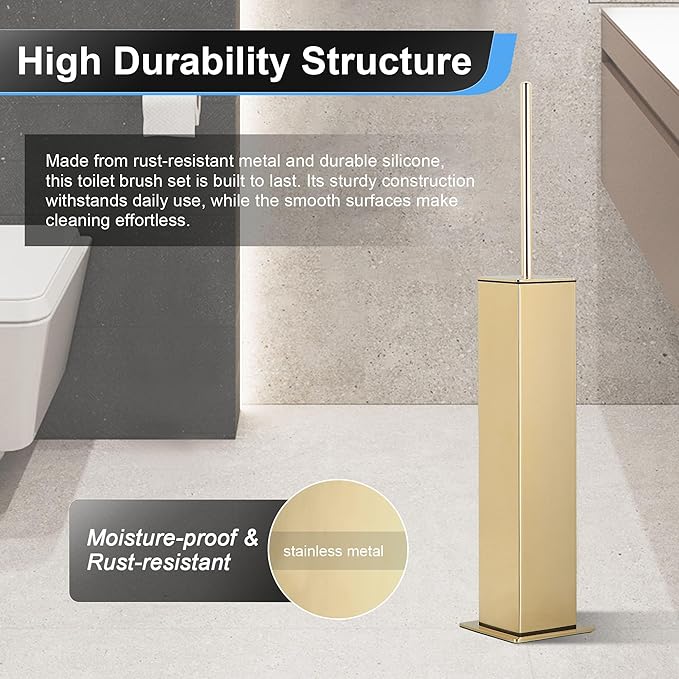 BVL Toilet Brush and Holder Set Gold Stainless Steel 304 Square Freestanding Toilet Brush for Bathroom